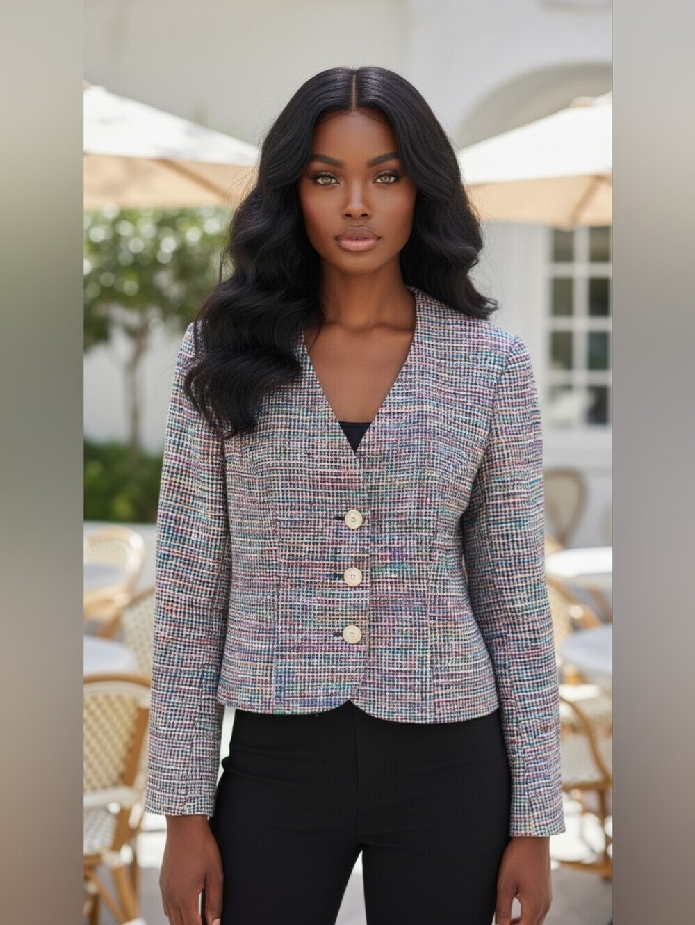 Franco’s Multicolor Tweed Cropped Blazer Jacket Gold Tone Buttons